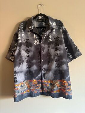City Impact  Dragon Button-Up Shirt in Black & Gray with Orange Accents